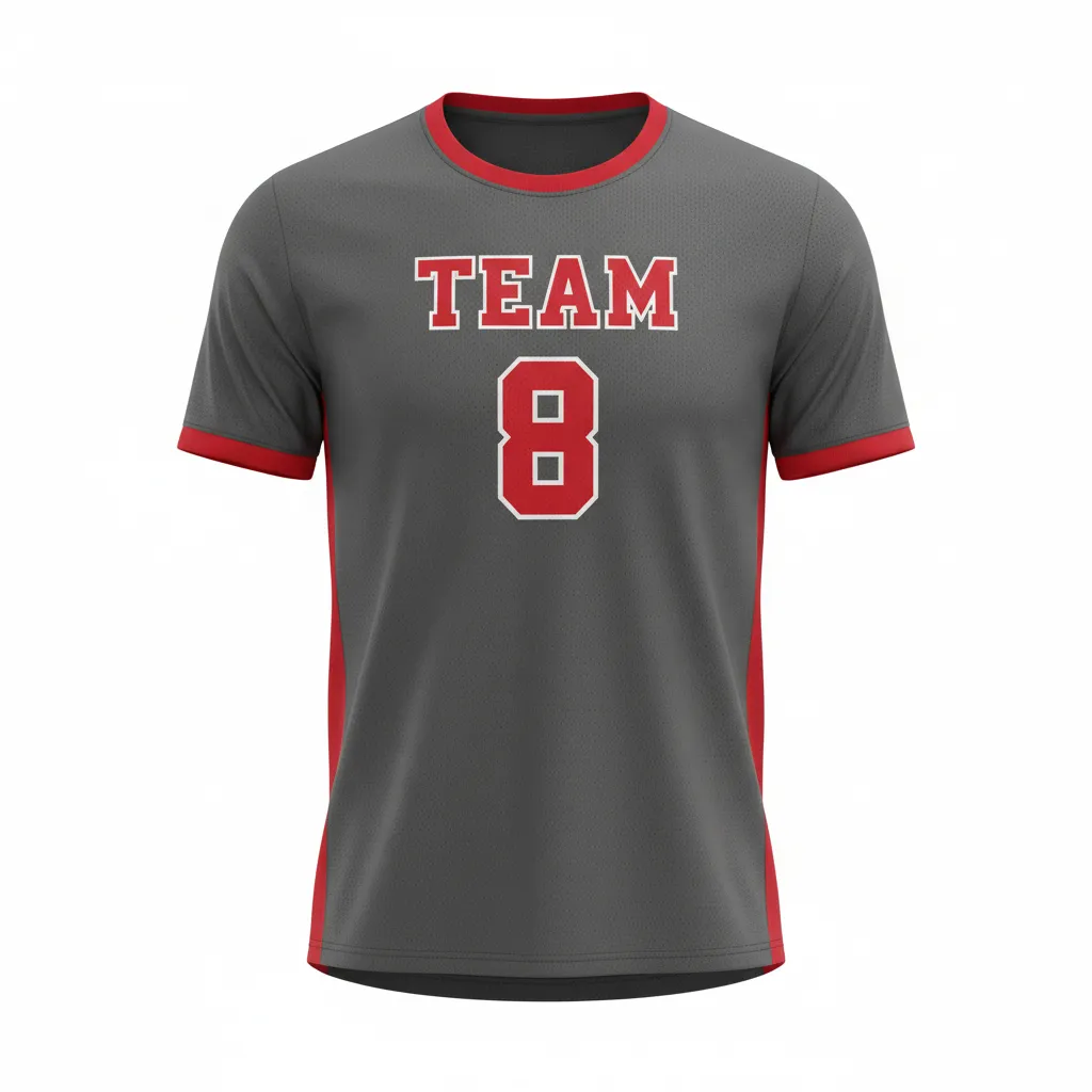 Custom Volleyball Short Sleeve Volleyball Jersey - Grey, Red - Short Sleeve Jersey Charcoal Athletic Side Stripe - Front View - HAMCO Sports Inc.