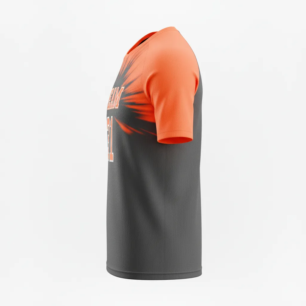 Custom Volleyball Short Sleeve Volleyball Jersey - Grey, Orange - Short Sleeve Jersey Charcoal Neon Burst - Side View - HAMCO Sports Inc.
