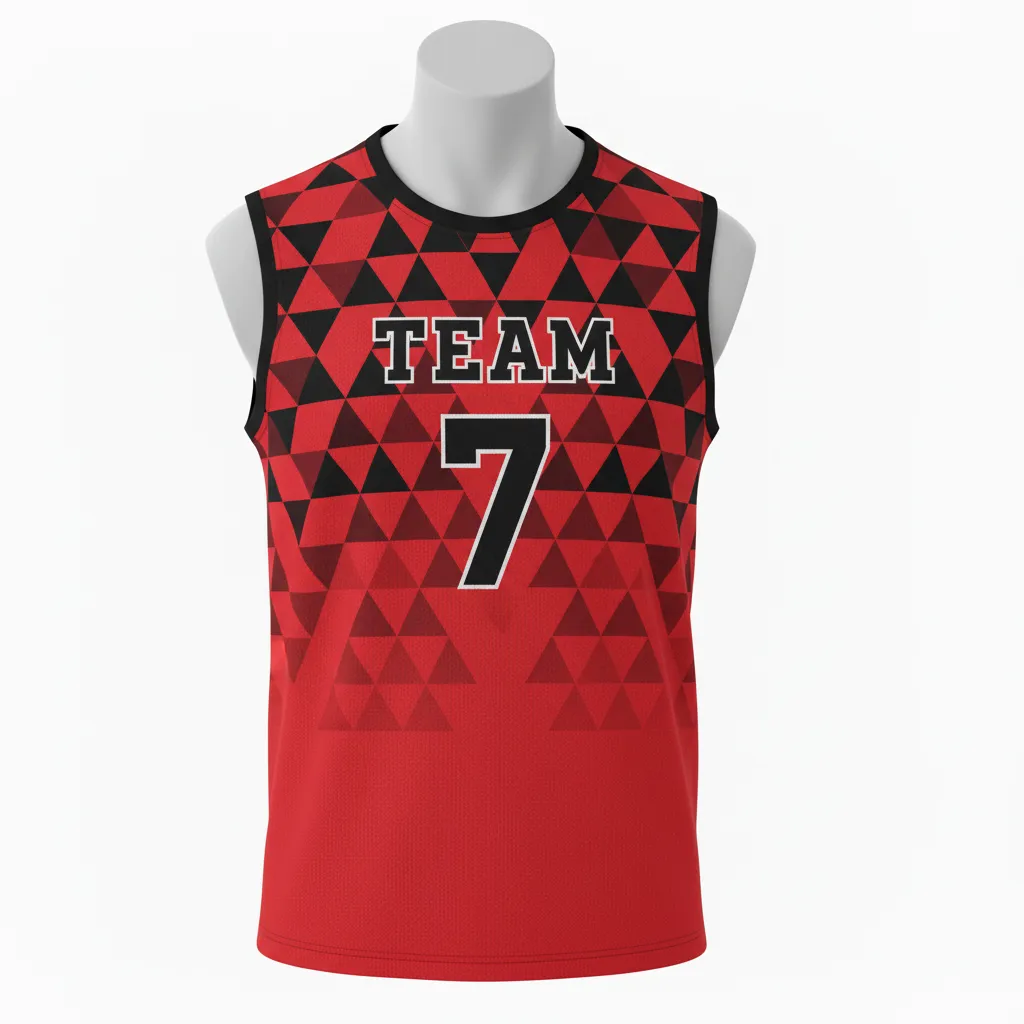 Custom Volleyball Sleeveless Jersey - Red, Black - Sleeveless Jersey Athletic Geometric Triangles - Front View - HAMCO Sports Inc.