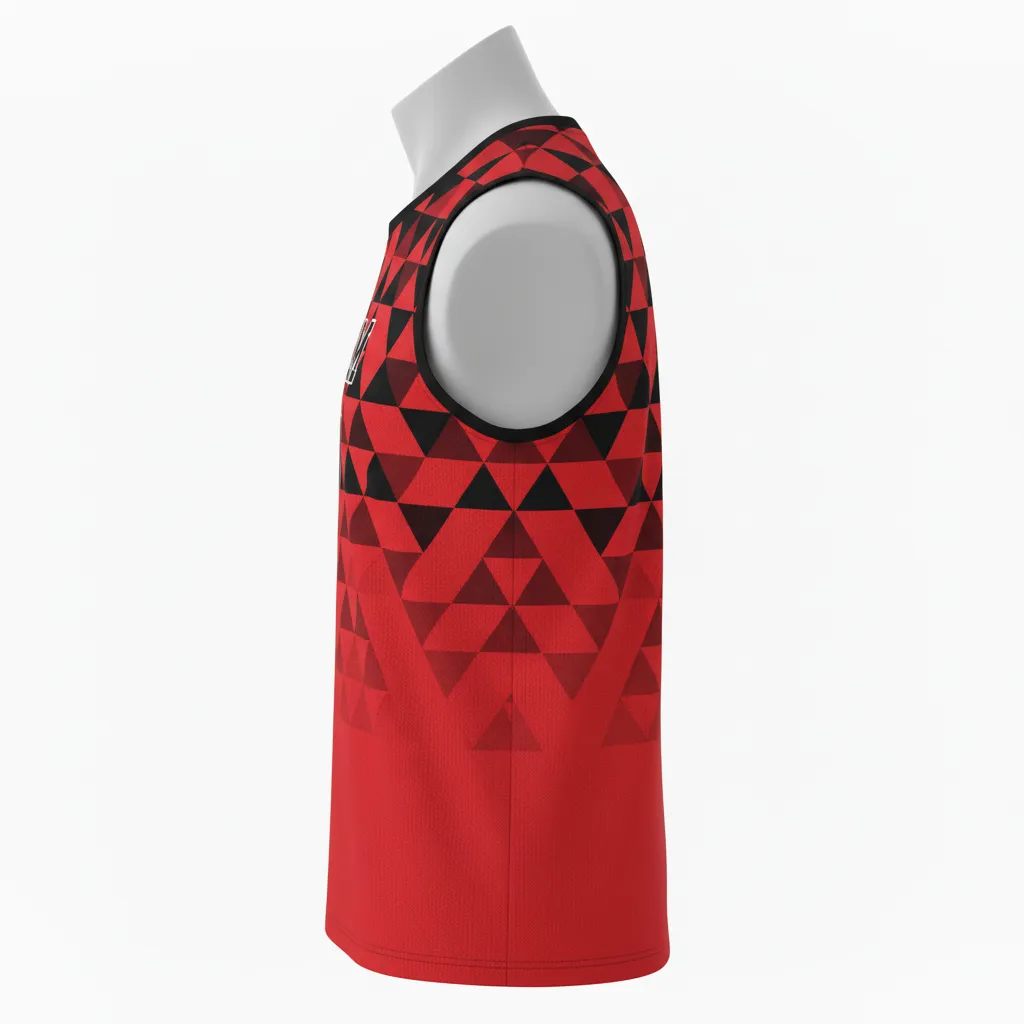 Custom Volleyball Sleeveless Jersey - Red, Black - Sleeveless Jersey Athletic Geometric Triangles - Side View - HAMCO Sports Inc.