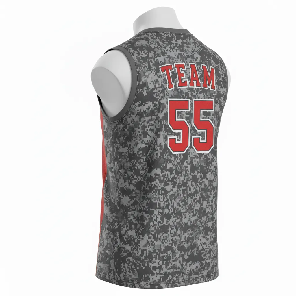 Custom Volleyball Sleeveless Jersey - Red, Grey - Sleeveless Jersey Athletic Camo Pattern - Back View - HAMCO Sports Inc.