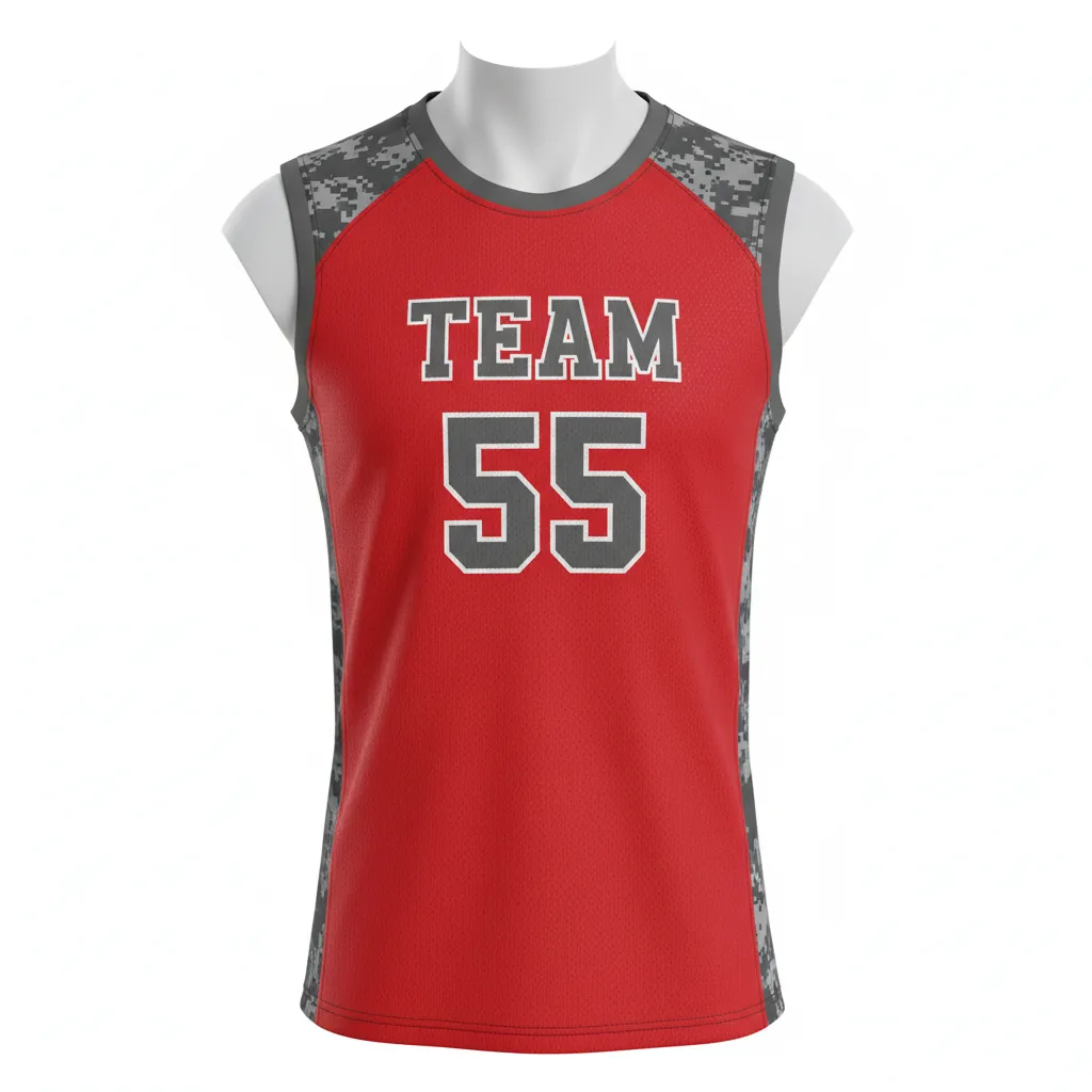 Custom Volleyball Sleeveless Jersey - Red, Grey - Sleeveless Jersey Athletic Camo Pattern - Front View - HAMCO Sports Inc.