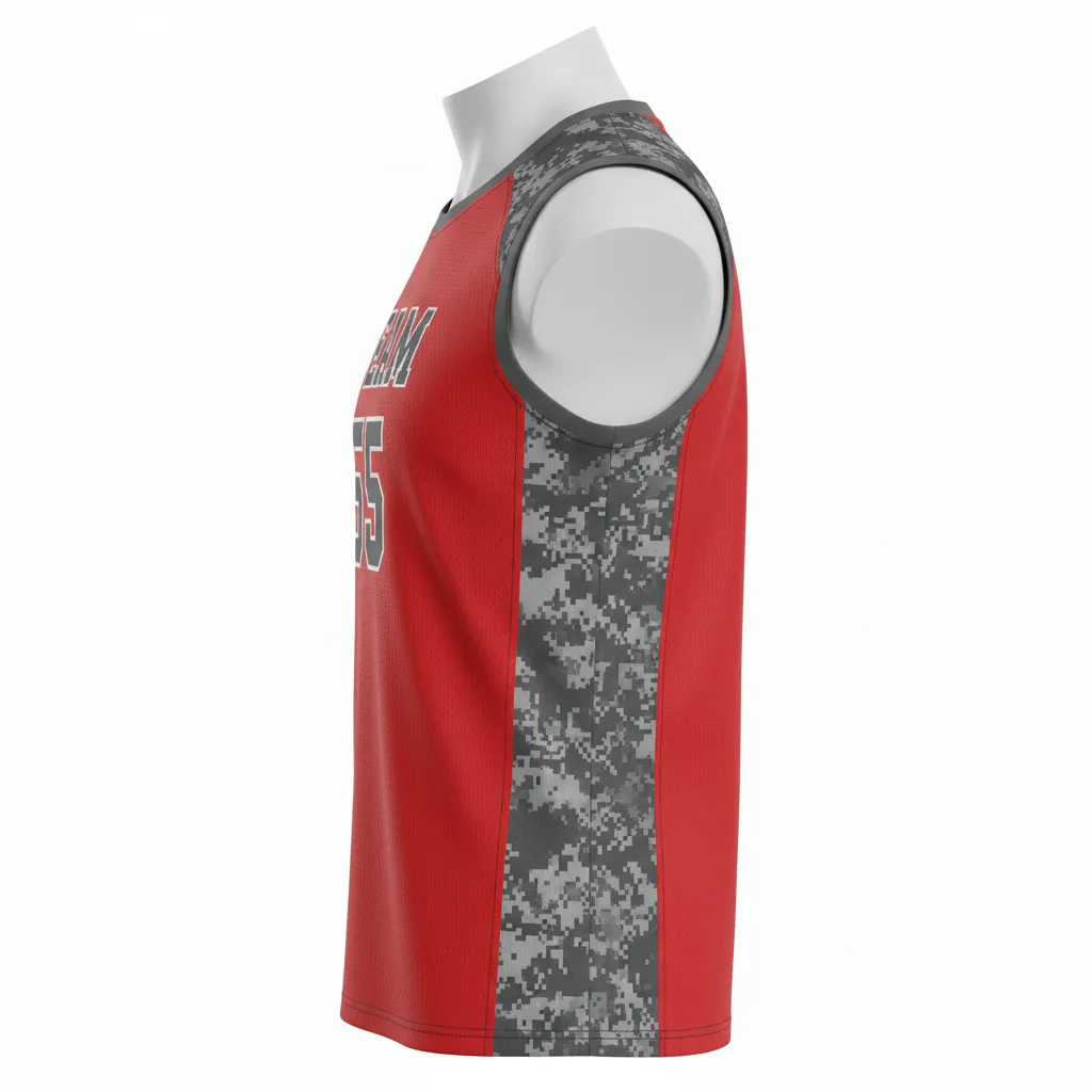 Custom Volleyball Sleeveless Jersey - Red, Grey - Sleeveless Jersey Athletic Camo Pattern - Side View - HAMCO Sports Inc.