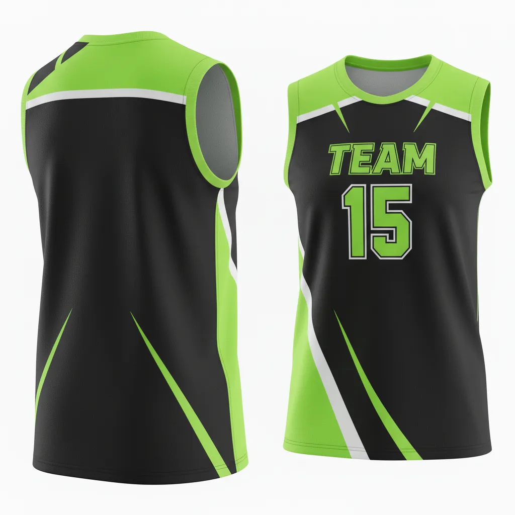 Custom Volleyball Sleeveless Jersey - Black, Green - Sleeveless Jersey Neon Wave Pattern - Back View - HAMCO Sports Inc.