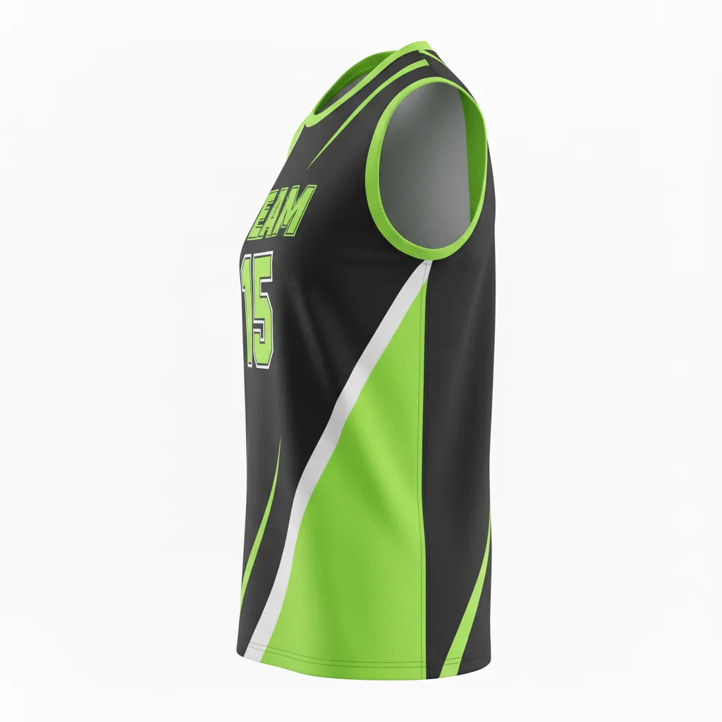 Custom Volleyball Sleeveless Jersey - Black, Green - Sleeveless Jersey Neon Wave Pattern - Side View - HAMCO Sports Inc.