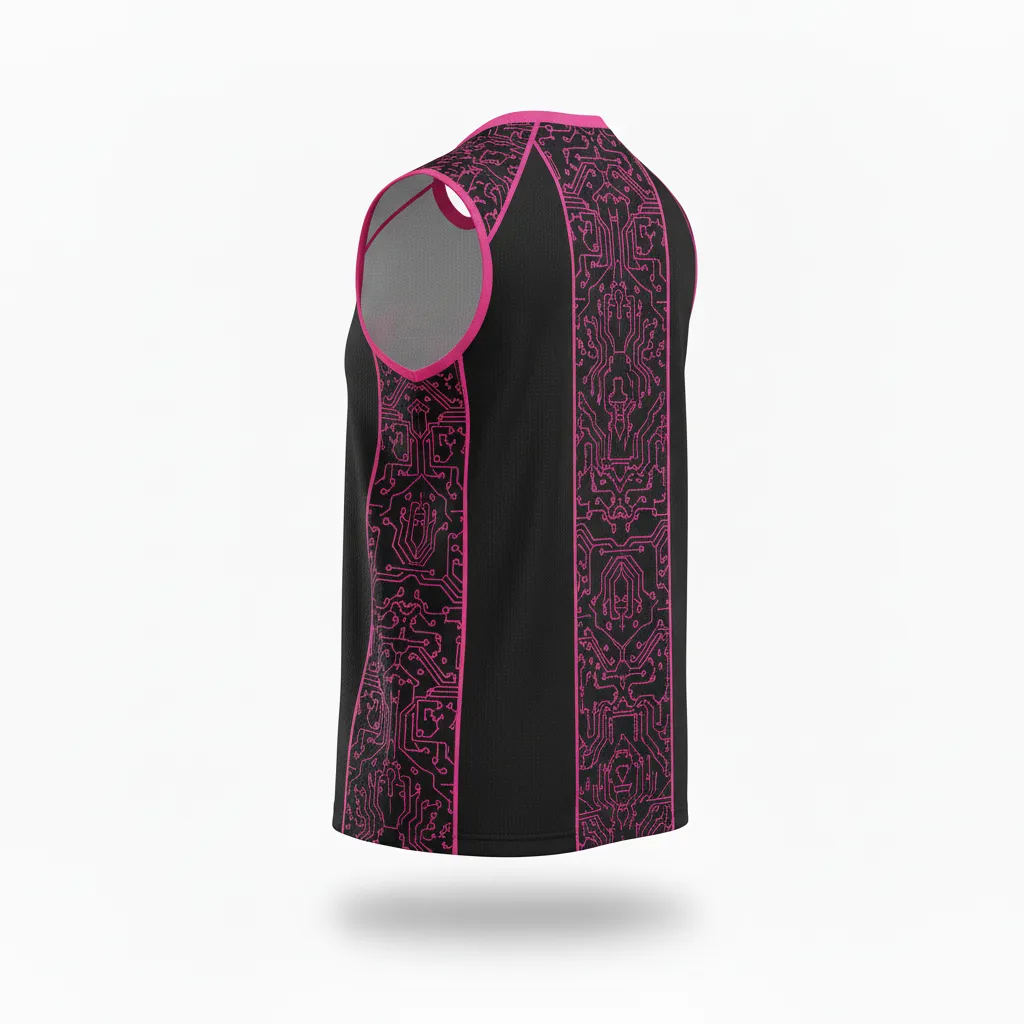 Custom Volleyball Sleeveless Jersey - Black - Sleeveless Jersey Neon Pink Circuit Pattern - Back View - HAMCO Sports Inc.