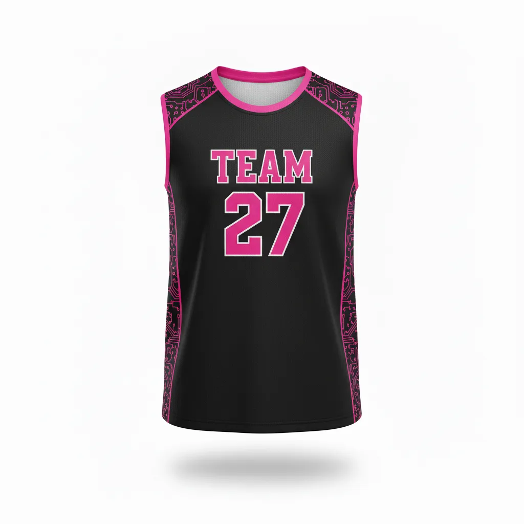 Custom Volleyball Sleeveless Jersey - Black - Sleeveless Jersey Neon Pink Circuit Pattern - Front View - HAMCO Sports Inc.
