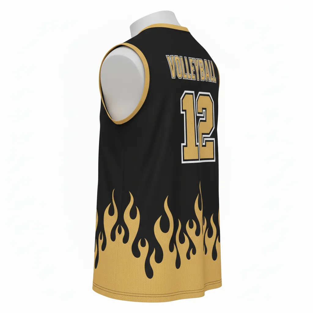 Custom Volleyball Sleeveless Jersey - Black, Gold - Sleeveless Jersey Vegas Flame Design - Back View - HAMCO Sports Inc.