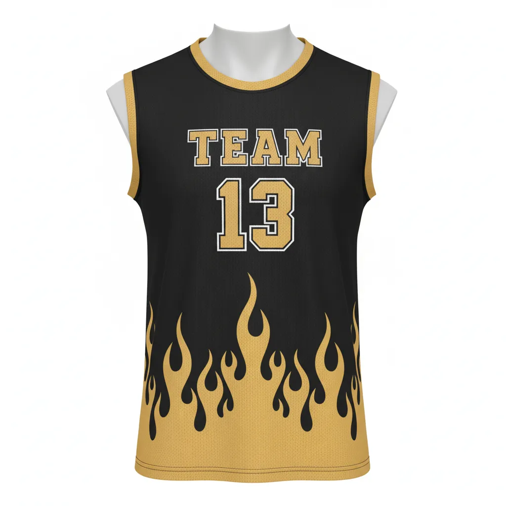 Custom Volleyball Sleeveless Jersey - Black, Gold - Sleeveless Jersey Vegas Flame Design - Front View - HAMCO Sports Inc.