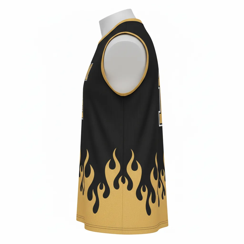 Custom Volleyball Sleeveless Jersey - Black, Gold - Sleeveless Jersey Vegas Flame Design - Side View - HAMCO Sports Inc.