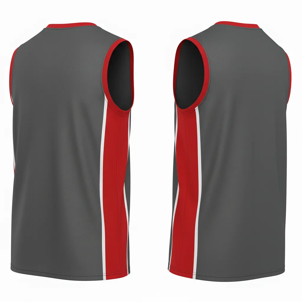 Custom Volleyball Sleeveless Jersey - Grey, Red - Sleeveless Jersey Charcoal Athletic Side Stripe - Back View - HAMCO Sports Inc.