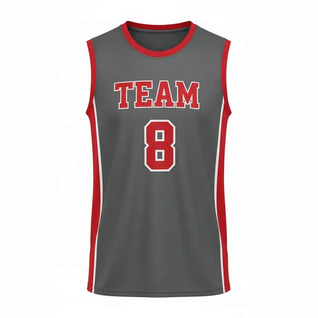Custom Volleyball Sleeveless Jersey - Grey, Red - Sleeveless Jersey Charcoal Athletic Side Stripe - Front View - HAMCO Sports Inc.