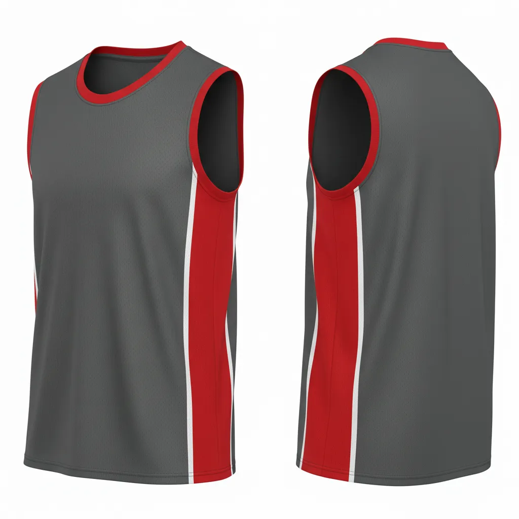 Custom Volleyball Sleeveless Jersey - Grey, Red - Sleeveless Jersey Charcoal Athletic Side Stripe - Side View - HAMCO Sports Inc.