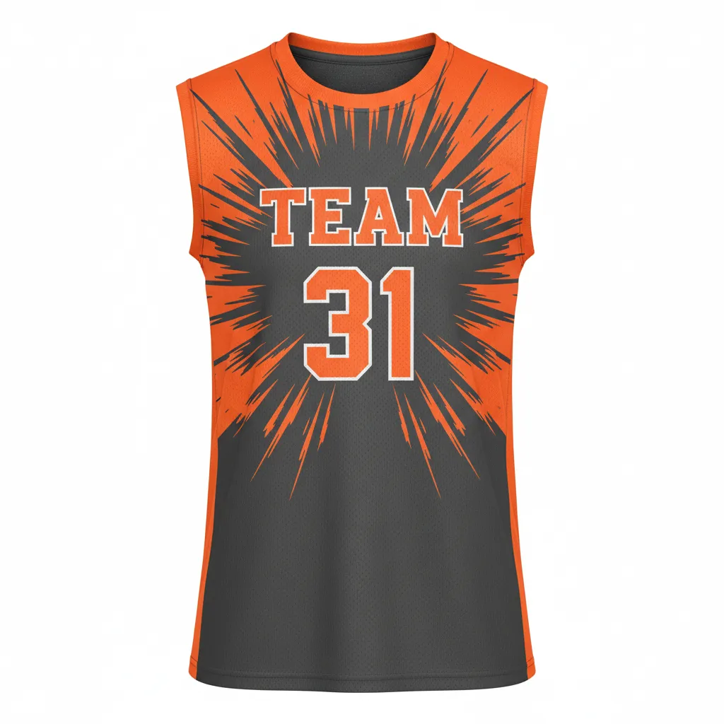 Custom Volleyball Sleeveless Jersey - Grey, Orange - Sleeveless Jersey Charcoal Neon Burst - Front View - HAMCO Sports Inc.