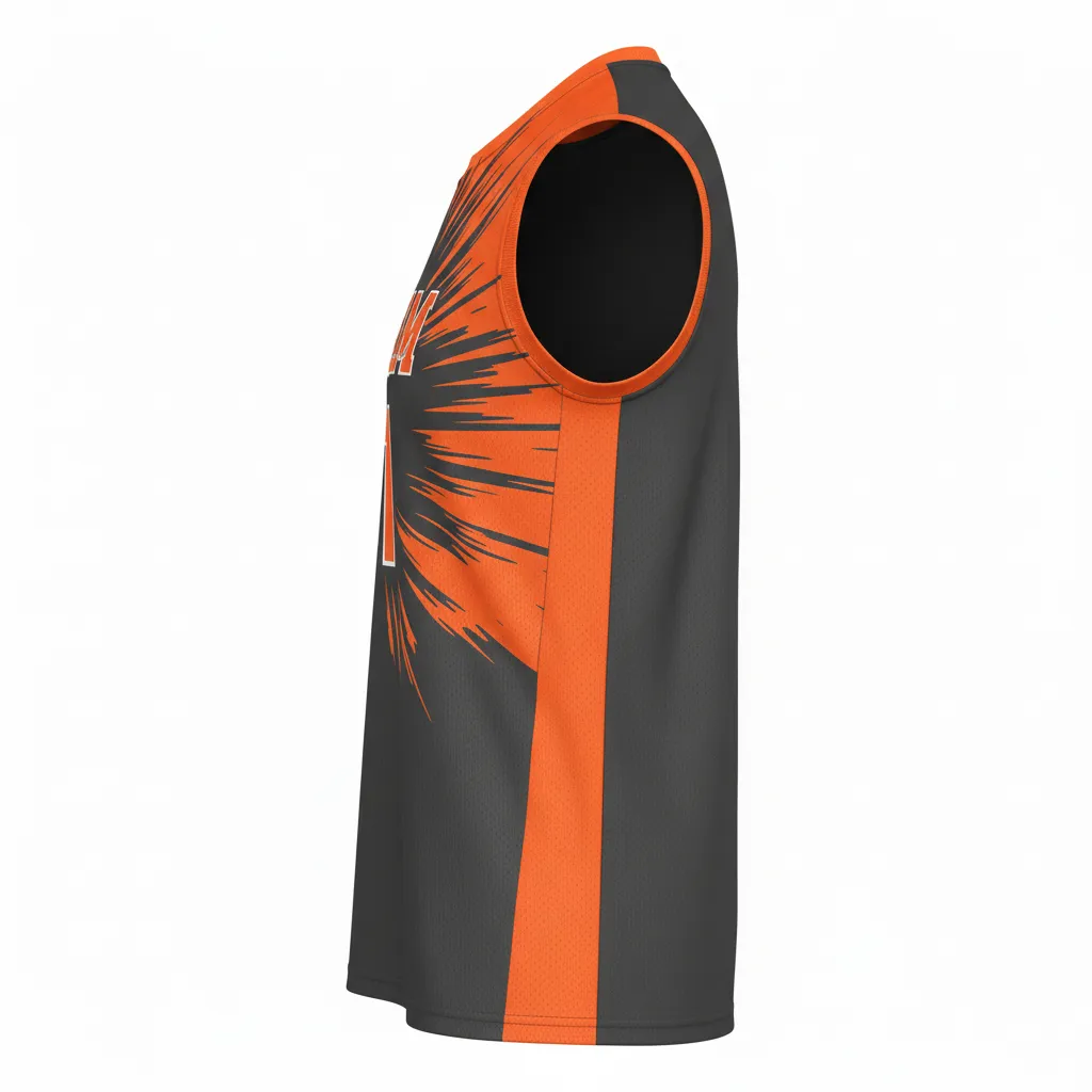 Custom Volleyball Sleeveless Jersey - Grey, Orange - Sleeveless Jersey Charcoal Neon Burst - Side View - HAMCO Sports Inc.