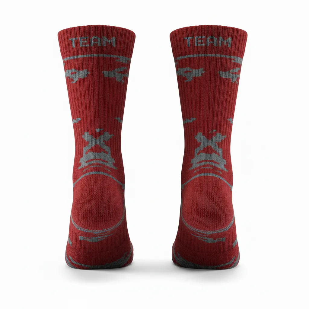 Custom Volleyball Socks - Red, Grey - Crew Socks Athletic Camo Pattern - Back View - HAMCO Sports Inc.