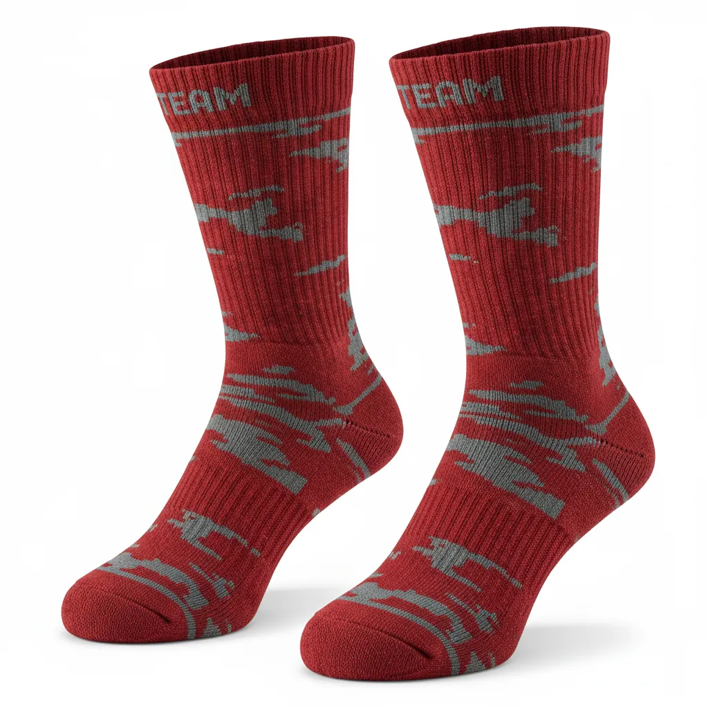 Custom Volleyball Socks - Red, Grey - Crew Socks Athletic Camo Pattern - Front View - HAMCO Sports Inc.