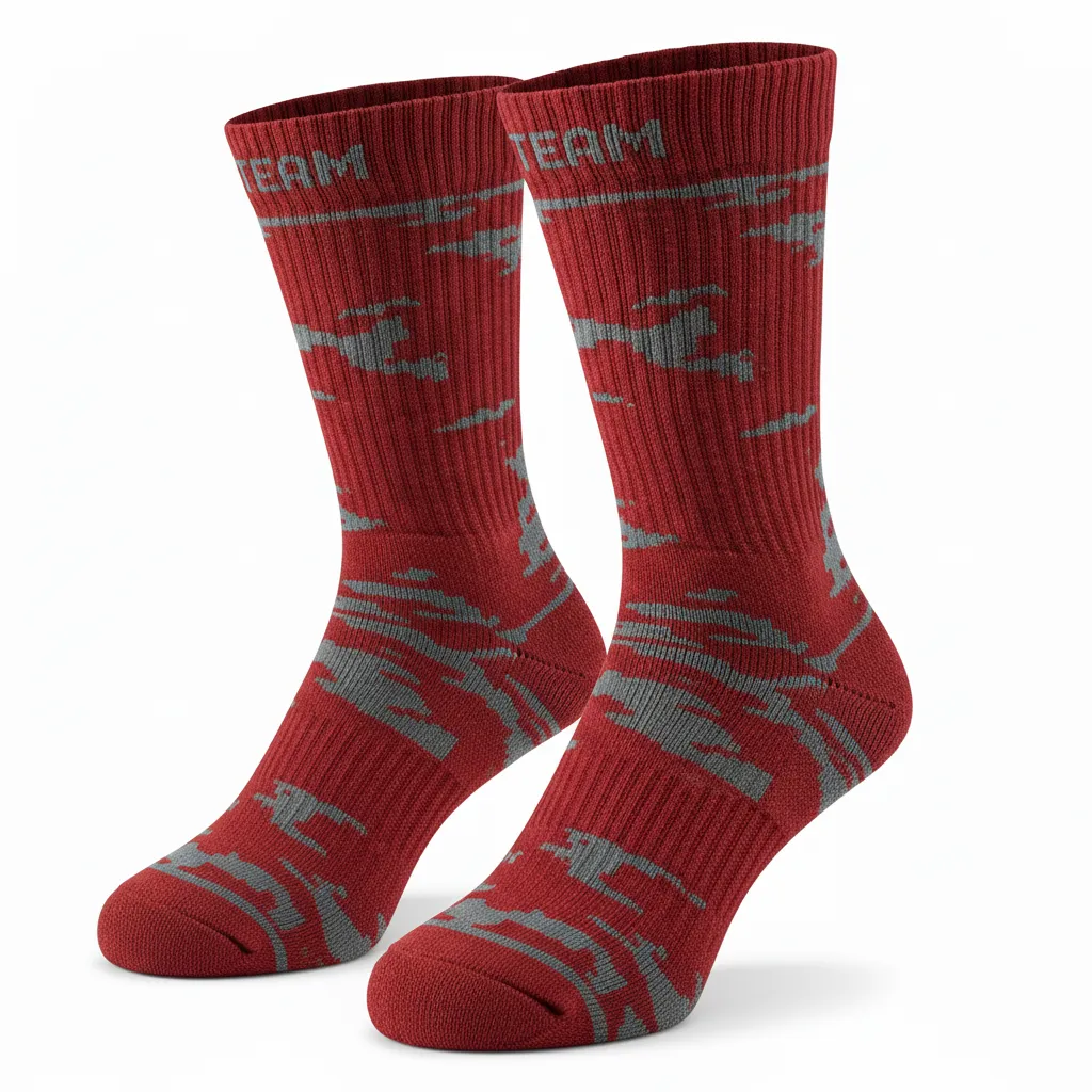 Custom Volleyball Socks - Red, Grey - Crew Socks Athletic Camo Pattern - Side View - HAMCO Sports Inc.