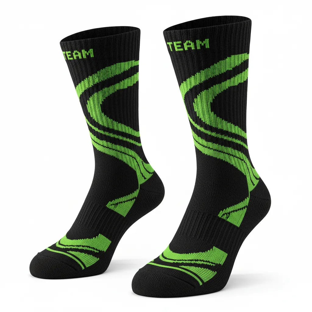 Custom Volleyball Socks - Black, Green - Crew Socks Neon Wave Pattern - Front View - HAMCO Sports Inc.
