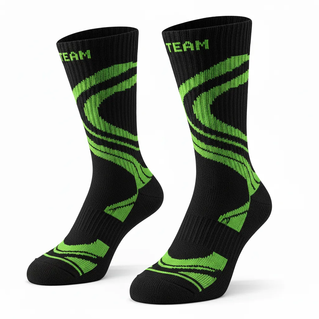 Custom Volleyball Socks - Black, Green - Crew Socks Neon Wave Pattern - Side View - HAMCO Sports Inc.
