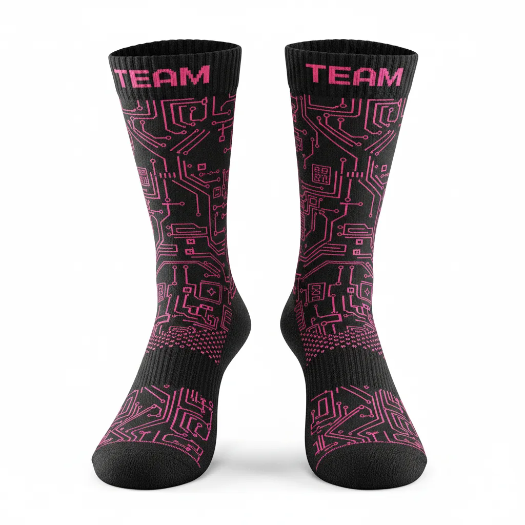 Custom Volleyball Socks - Black - Crew Socks Neon Pink Circuit Pattern - Front View - HAMCO Sports Inc.