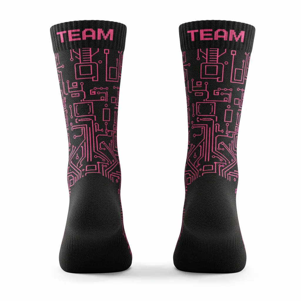 Custom Volleyball Socks - Black - Crew Socks Neon Pink Circuit Pattern - Side View - HAMCO Sports Inc.