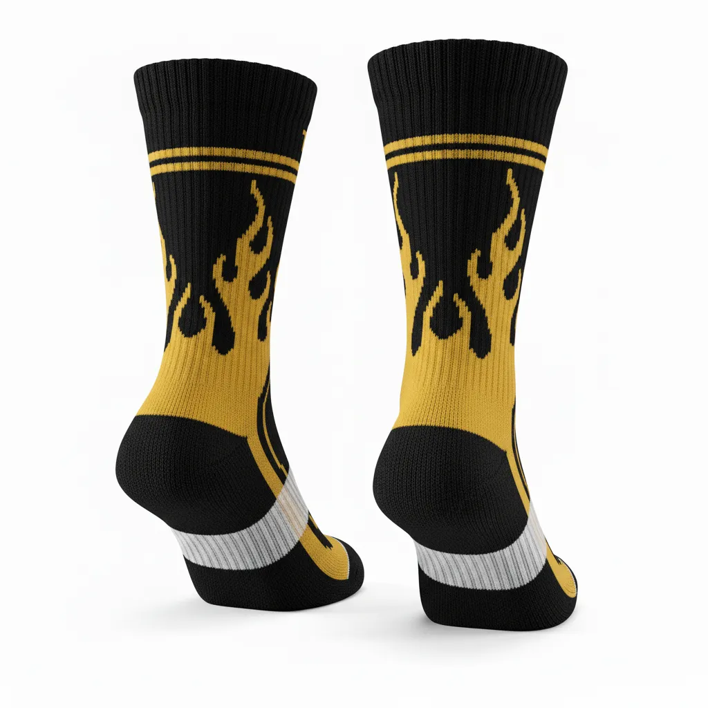 Custom Volleyball Socks - Black, Gold - Crew Socks Vegas Flame Design - Back View - HAMCO Sports Inc.
