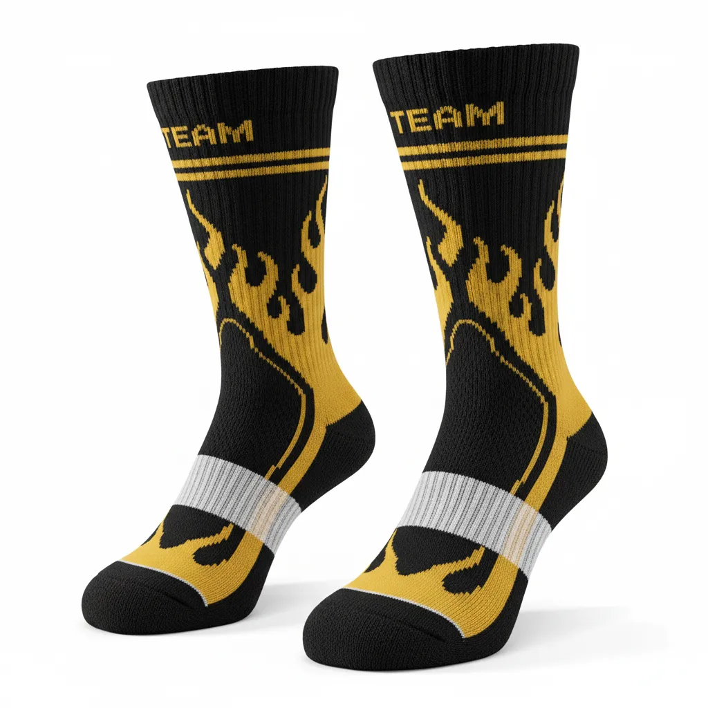 Custom Volleyball Socks - Black, Gold - Crew Socks Vegas Flame Design - Front View - HAMCO Sports Inc.