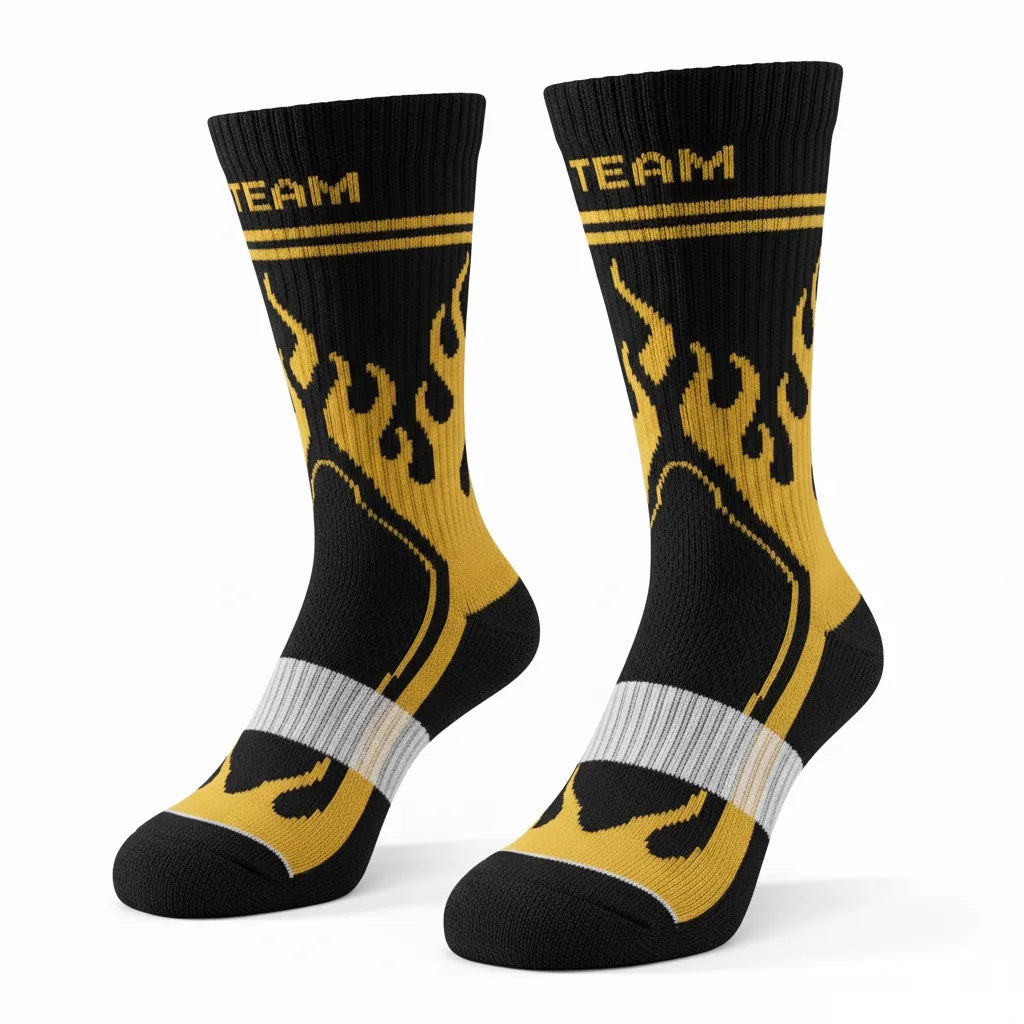 Custom Volleyball Socks - Black, Gold - Crew Socks Vegas Flame Design - Side View - HAMCO Sports Inc.