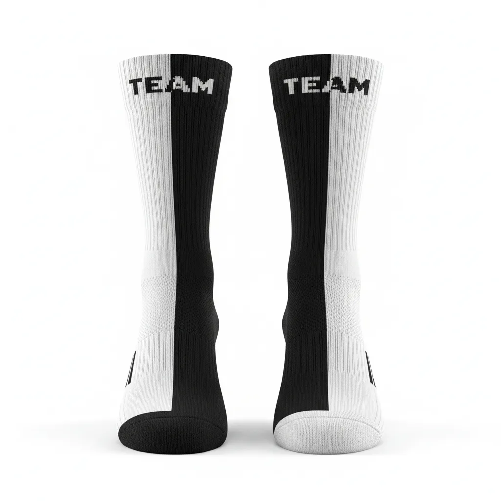 Custom Volleyball Socks - Black, White - Crew Socks Half And Half - Front View - HAMCO Sports Inc.