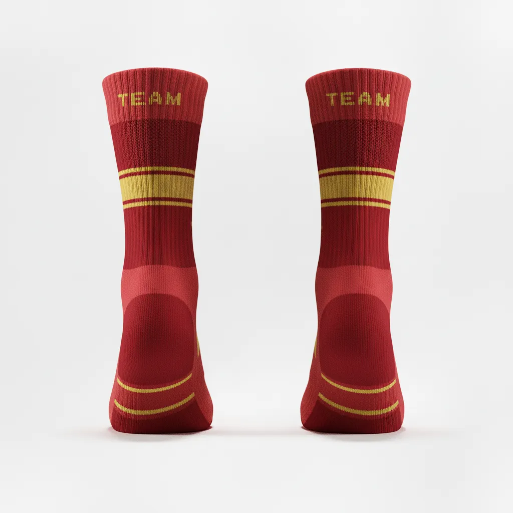 Custom Volleyball Socks - Red, Gold - Crew Socks Cardinal Vegas Warrior Stripe - Front View - HAMCO Sports Inc.