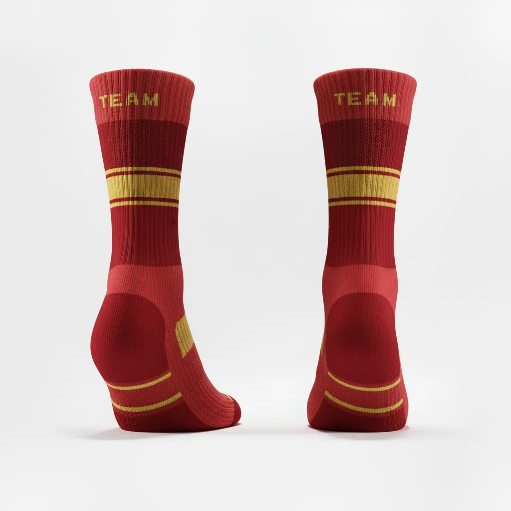 Custom Volleyball Socks - Red, Gold - Crew Socks Cardinal Vegas Warrior Stripe - Side View - HAMCO Sports Inc.