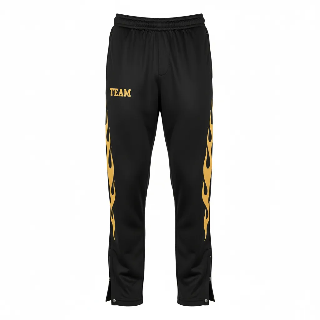 Custom Volleyball Sweat Pant - Black, Gold - Warmup Pants Vegas Flame Design - Front View - HAMCO Sports Inc.
