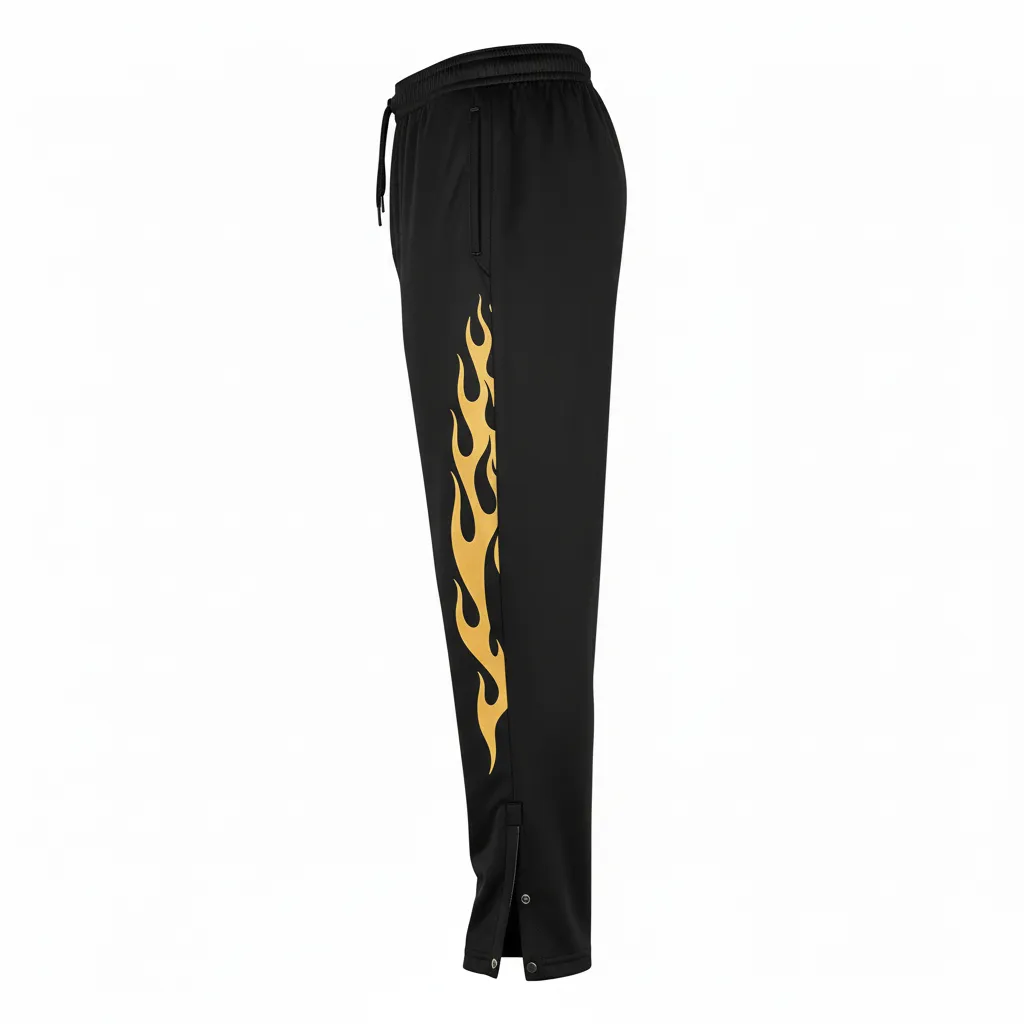 Custom Volleyball Sweat Pant - Black, Gold - Warmup Pants Vegas Flame Design - Side View - HAMCO Sports Inc.