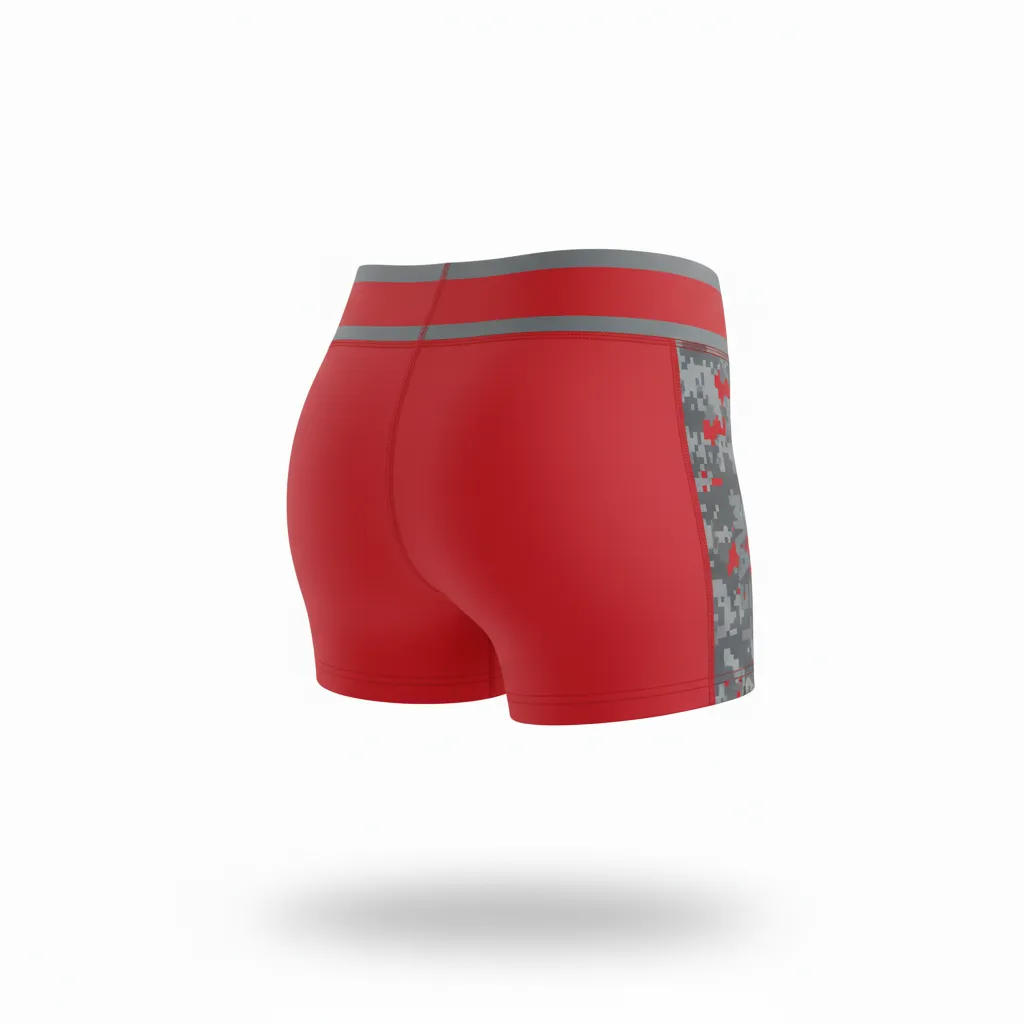 Custom Volleyball Volleyball Competition Shorts - Red, Grey - Competition Shorts Athletic Camo Pattern - Back View - HAMCO Sports Inc.