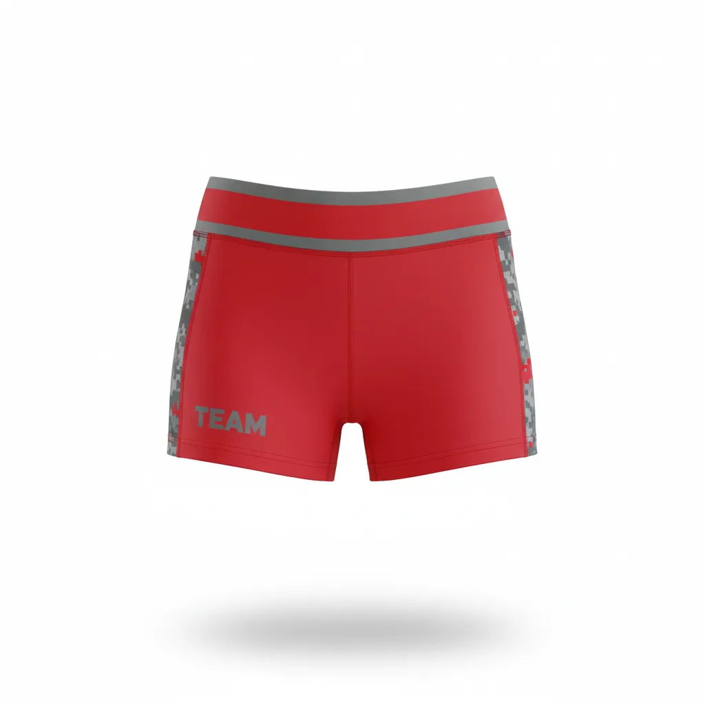 Custom Volleyball Volleyball Competition Shorts - Red, Grey - Competition Shorts Athletic Camo Pattern - Front View - HAMCO Sports Inc.