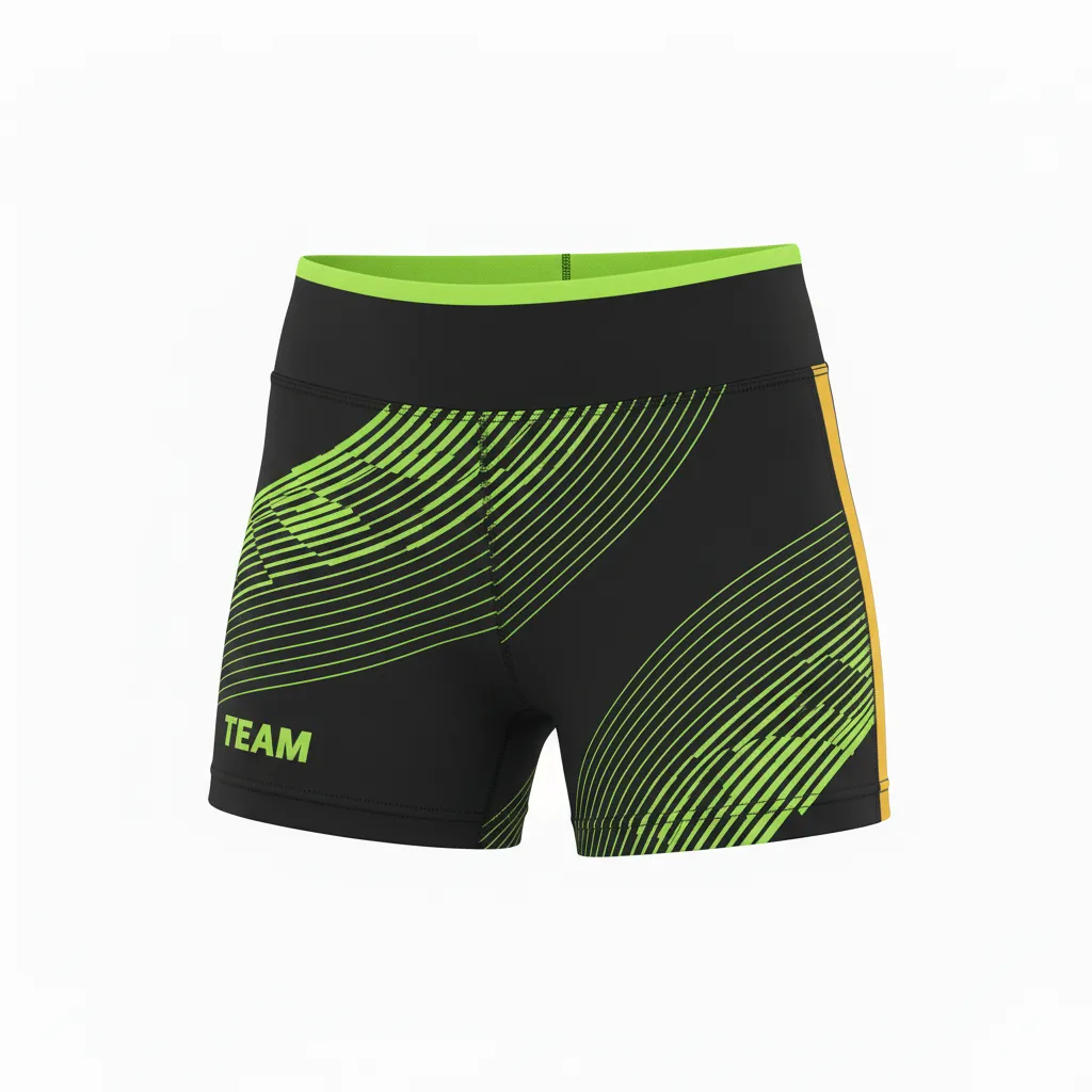 Custom Volleyball Volleyball Competition Shorts - Black, Green - Competition Shorts Neon Wave Pattern - Front View - HAMCO Sports Inc.