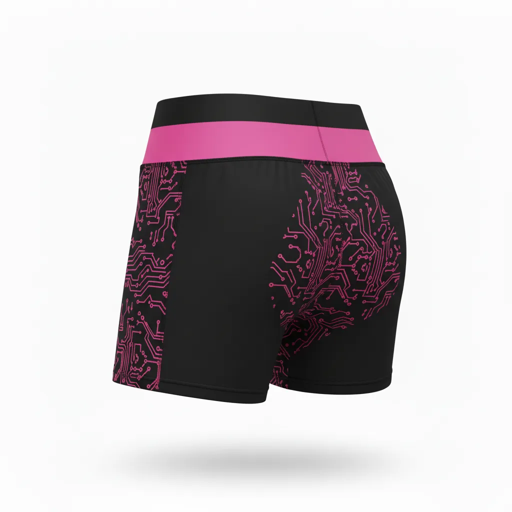Custom Volleyball Volleyball Competition Shorts - Black - Competition Shorts Neon Pink Circuit Pattern - Back View - HAMCO Sports Inc.