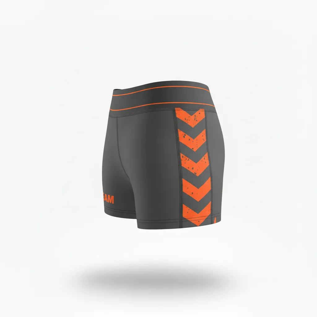 Custom Volleyball Volleyball Competition Shorts - Grey, Orange - Competition Shorts Charcoal Neon Burst - Side View - HAMCO Sports Inc.