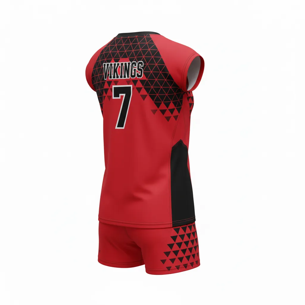 Custom Volleyball Volleyball Uniform - Red, Black - Complete Uniform Athletic Geometric Triangles - Back View - HAMCO Sports Inc.