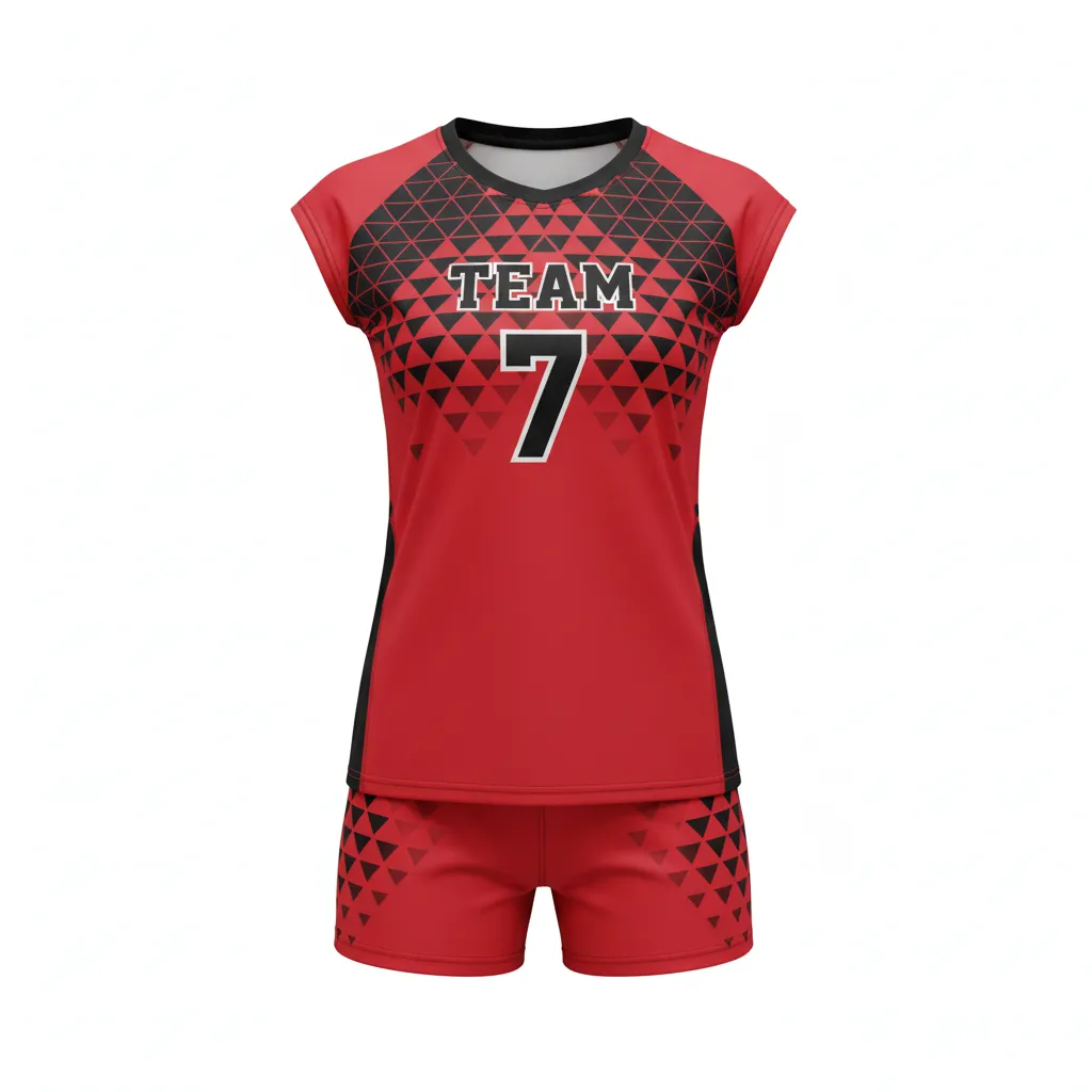 Custom Volleyball Volleyball Uniform - Red, Black - Complete Uniform Athletic Geometric Triangles - Front View - HAMCO Sports Inc.