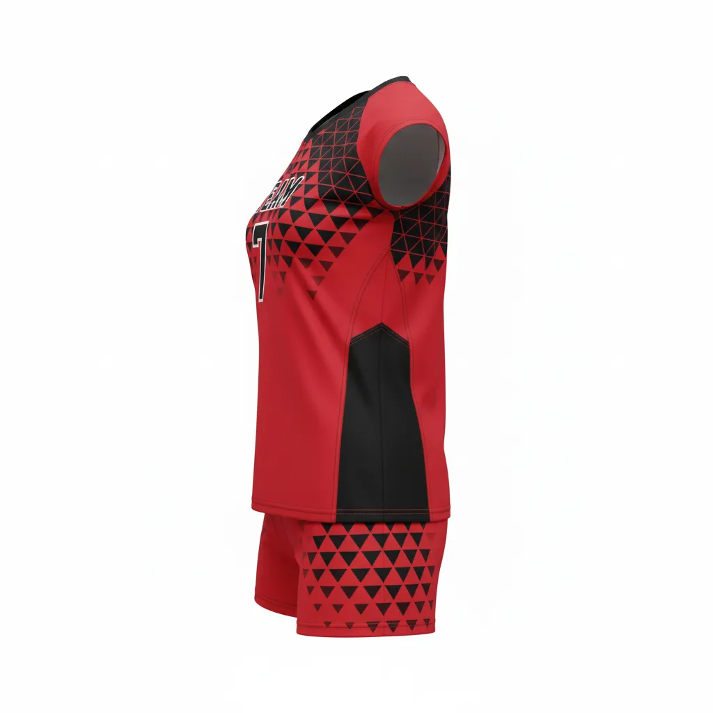 Custom Volleyball Volleyball Uniform - Red, Black - Complete Uniform Athletic Geometric Triangles - Side View - HAMCO Sports Inc.