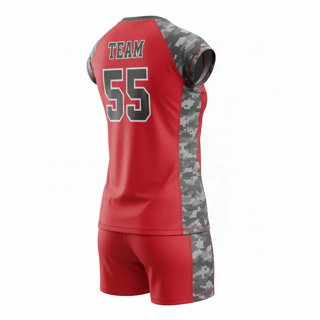 Custom Volleyball Volleyball Uniform - Red, Grey - Complete Uniform Athletic Camo Pattern - Back View - HAMCO Sports Inc.