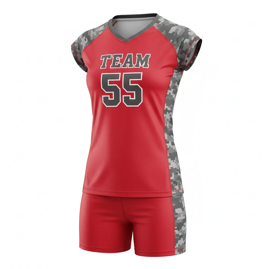 Custom Volleyball Volleyball Uniform - Red, Grey - Complete Uniform Athletic Camo Pattern - Front View - HAMCO Sports Inc.