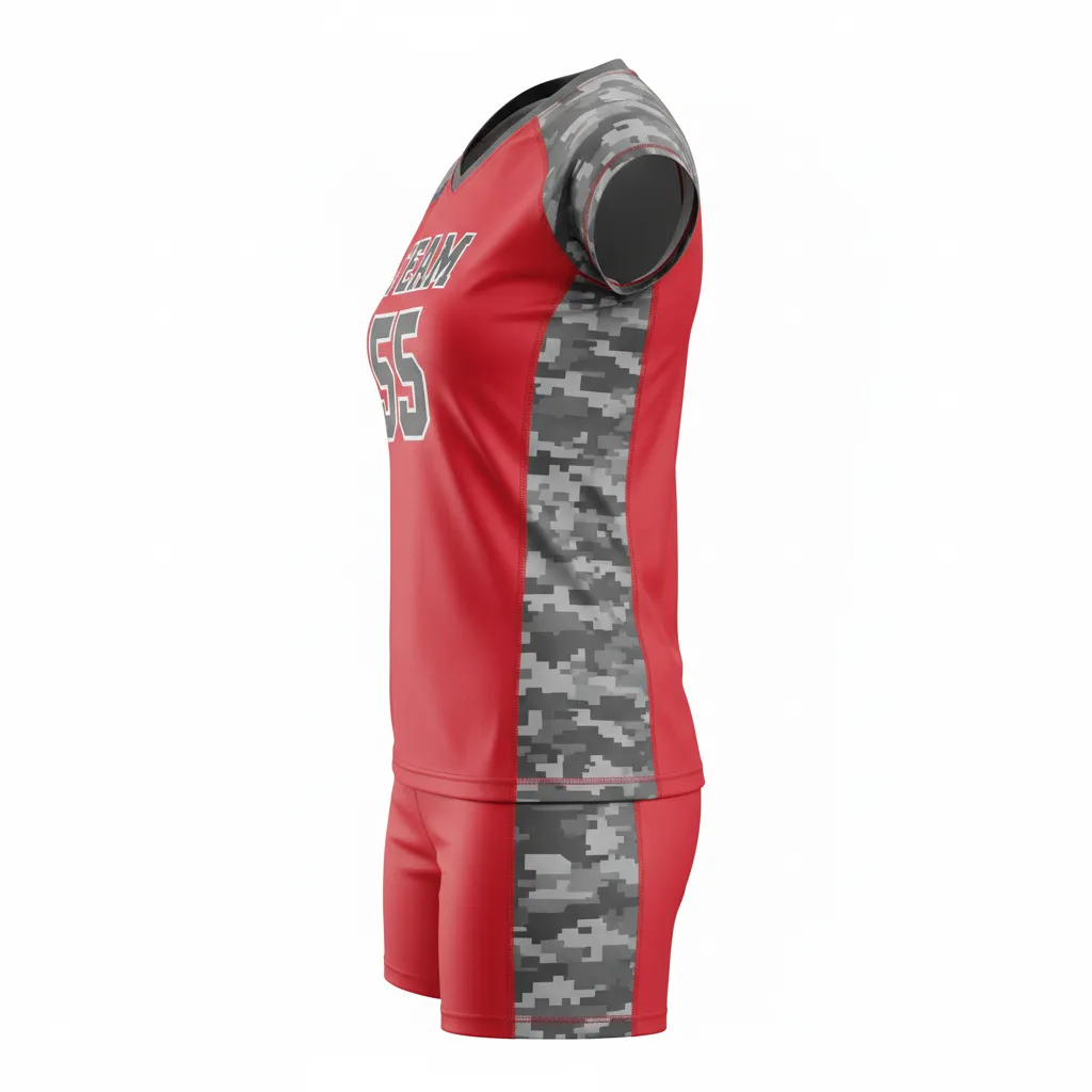 Custom Volleyball Volleyball Uniform - Red, Grey - Complete Uniform Athletic Camo Pattern - Side View - HAMCO Sports Inc.
