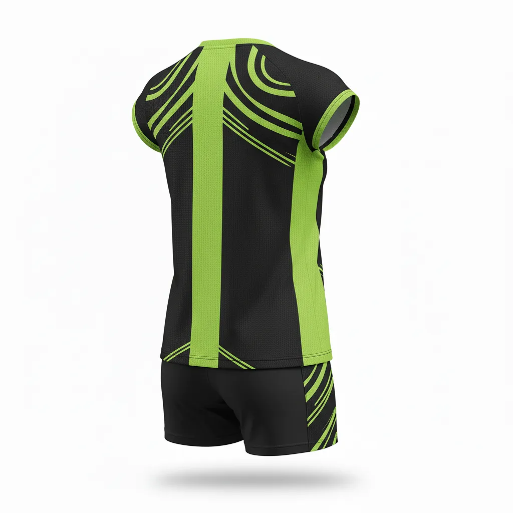 Custom Volleyball Volleyball Uniform - Black, Green - Complete Uniform Neon Wave Pattern - Back View - HAMCO Sports Inc.