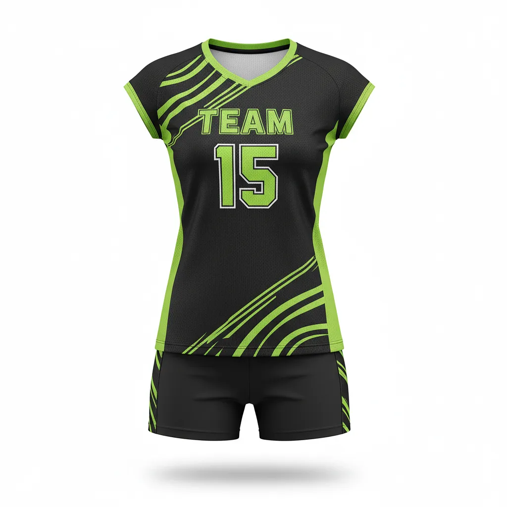 Custom Volleyball Volleyball Uniform - Black, Green - Complete Uniform Neon Wave Pattern - Front View - HAMCO Sports Inc.