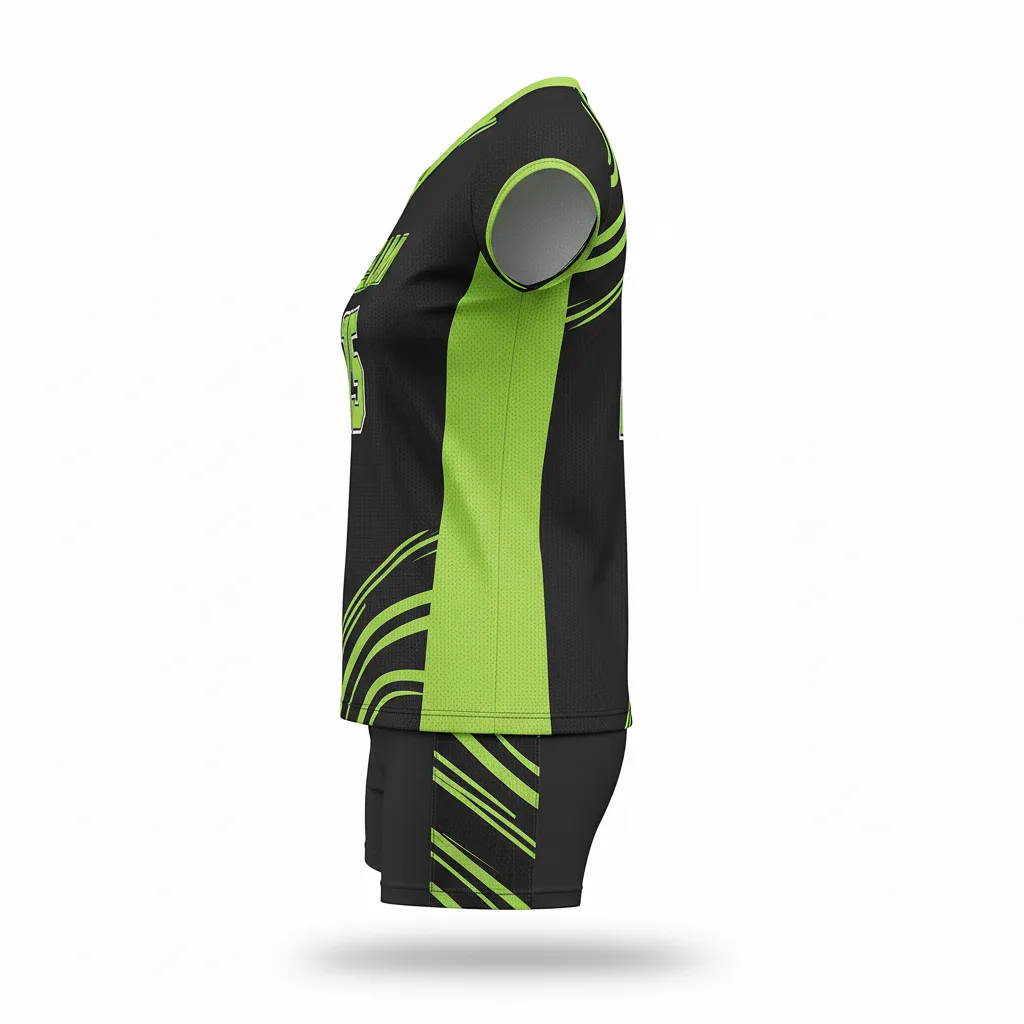 Custom Volleyball Volleyball Uniform - Black, Green - Complete Uniform Neon Wave Pattern - Side View - HAMCO Sports Inc.