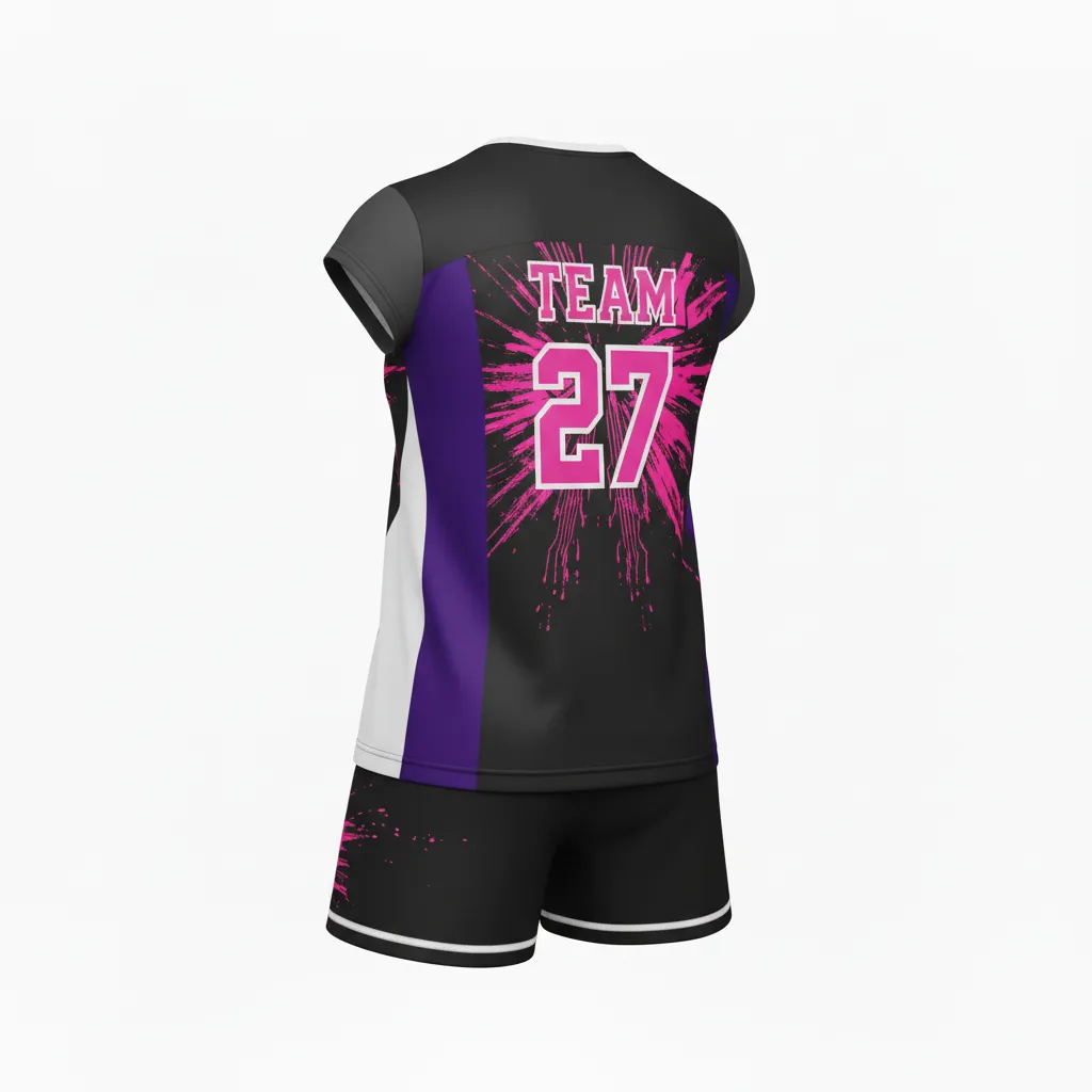 Custom Volleyball Volleyball Uniform - Black - Complete Uniform Neon Pink Circuit Pattern - Back View - HAMCO Sports Inc.