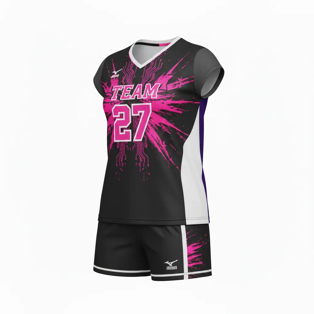 Custom Volleyball Volleyball Uniform - Black - Complete Uniform Neon Pink Circuit Pattern - Front View - HAMCO Sports Inc.